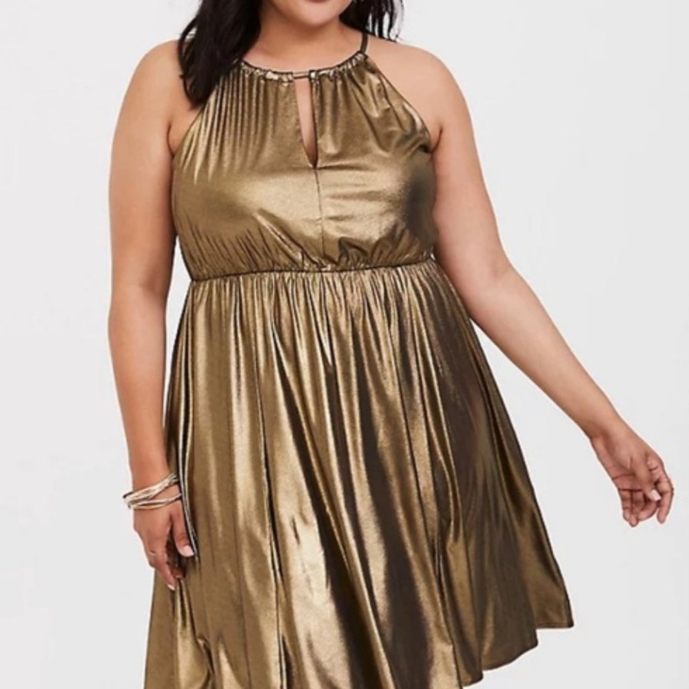 NWT Torrid Gold Shimmer Sleeveless Halter Skate Dress